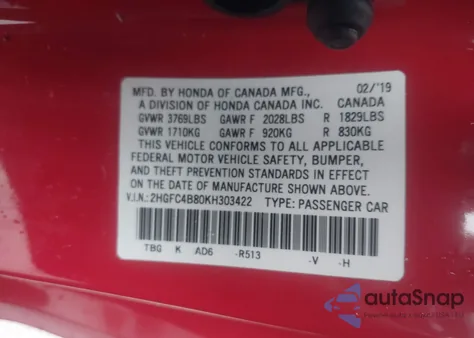 2019 Honda Civic Sport из США, поврежденный, VIN 2HGFC4B80KH303422